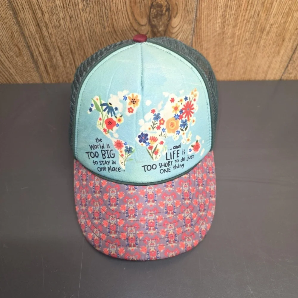 Natural Life Hat Cap Snap Back Womens Adjustable World Map Travel Quote Floral